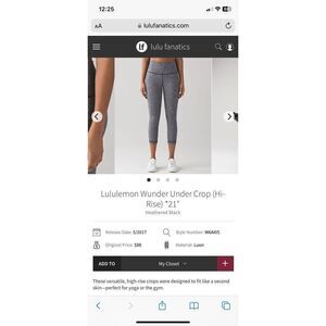 Lululemon Wunder Under Crop (Hi-Rise) *21" Heathered Black size 2